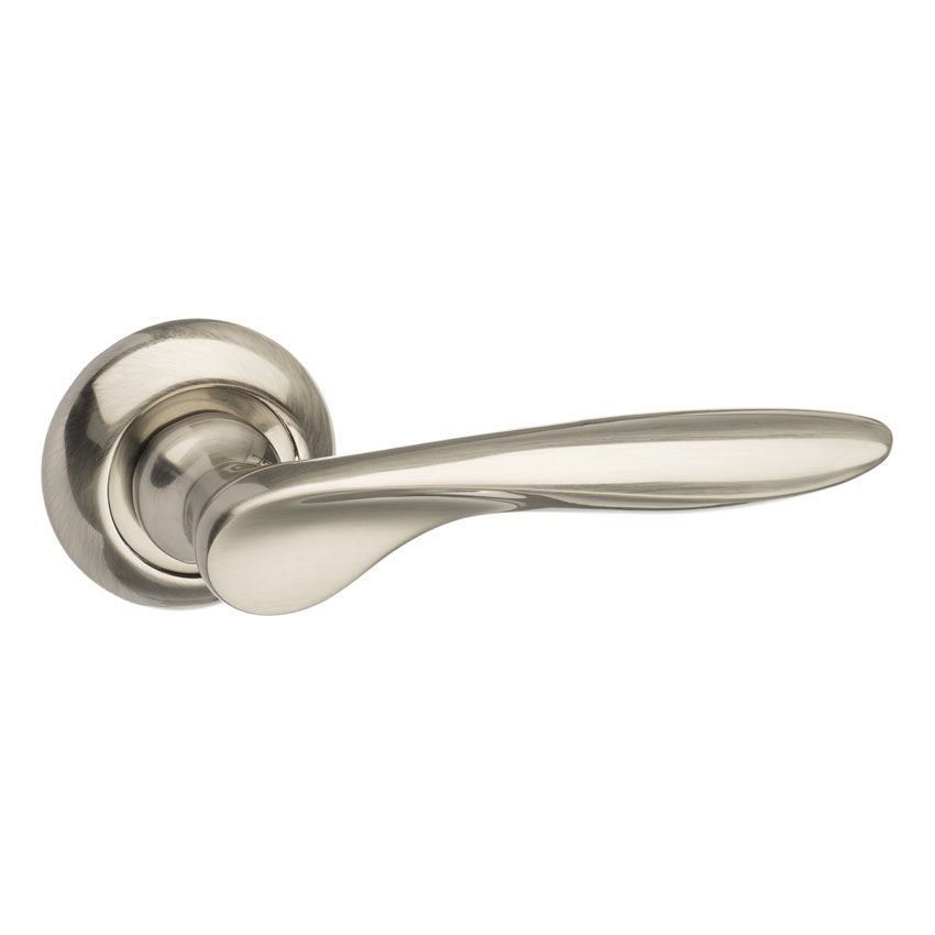 Malta door handle on a rose in satin nickel