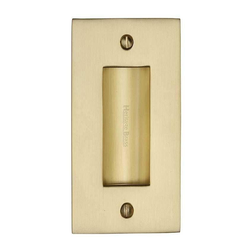 Flush door handle for sliding doors and pocket doors in satin brass finish