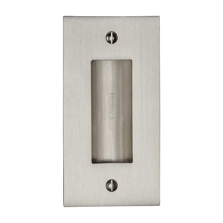 	Flush door handle for sliding doors and pocket doors in satin nickel finish