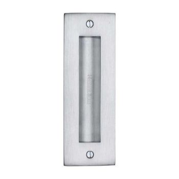 Flush door handle for sliding doors and pocket doors in satin chrome finish Flush door handle for sliding doors and pocket doors in satin chrome finish