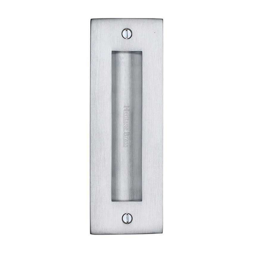 Flush door handle for sliding doors and pocket doors in satin chrome finish