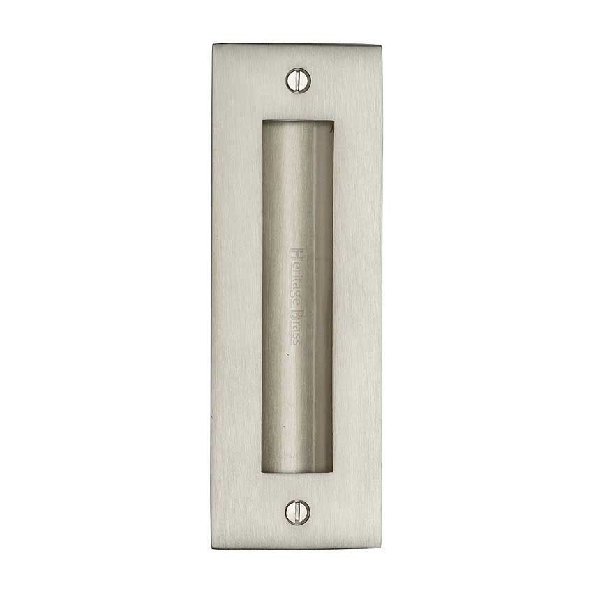 Flush door handle for sliding doors and pocket doors in satin nickel finish