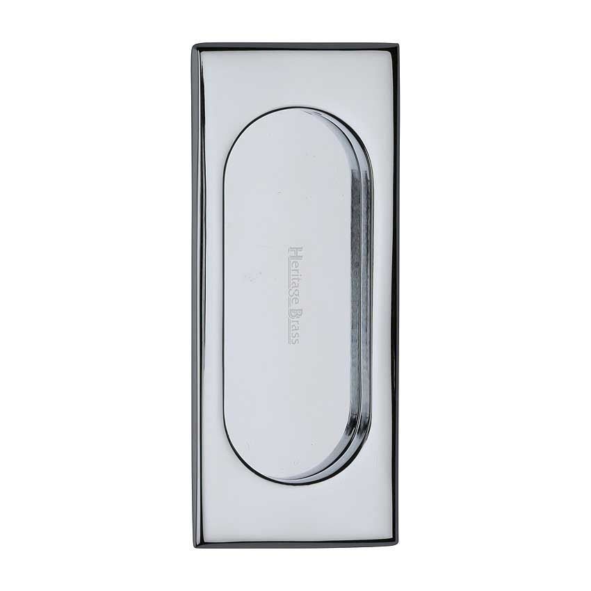 Flush door handle for sliding doors and pocket doors in polished chrome finish