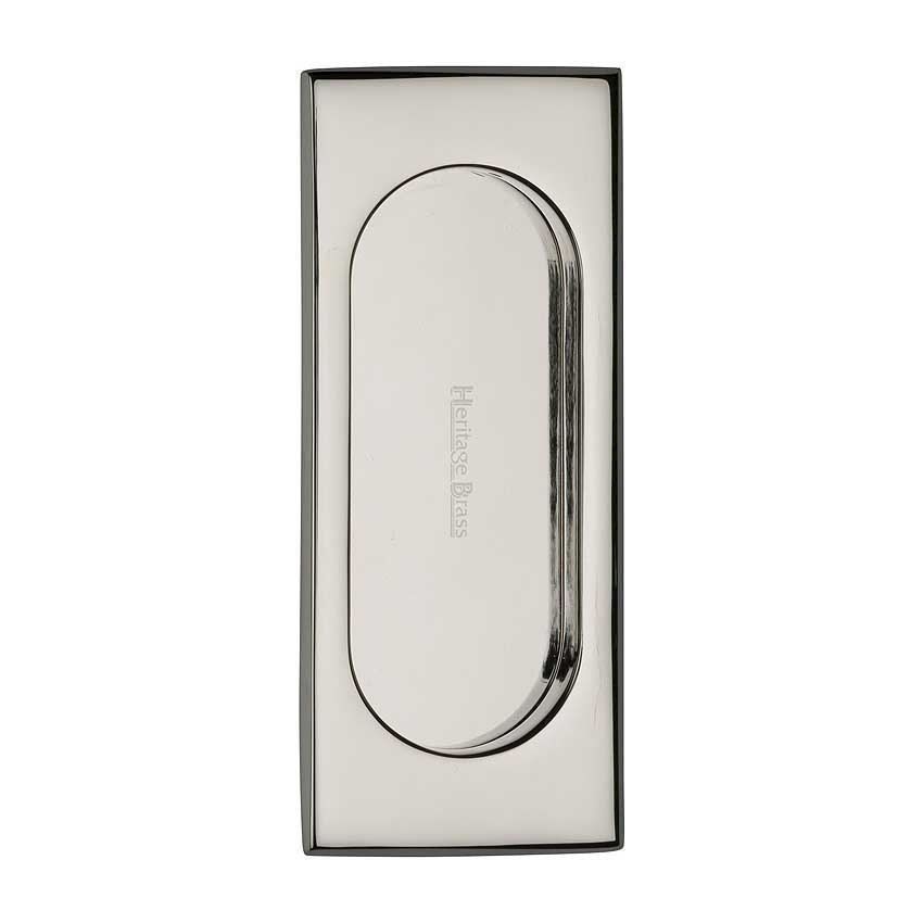 Flush door handle for sliding doors and pocket doors in polished nickel finish