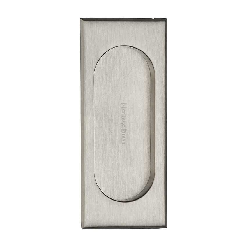 Flush door handle for sliding doors and pocket doors in satin nickel finish