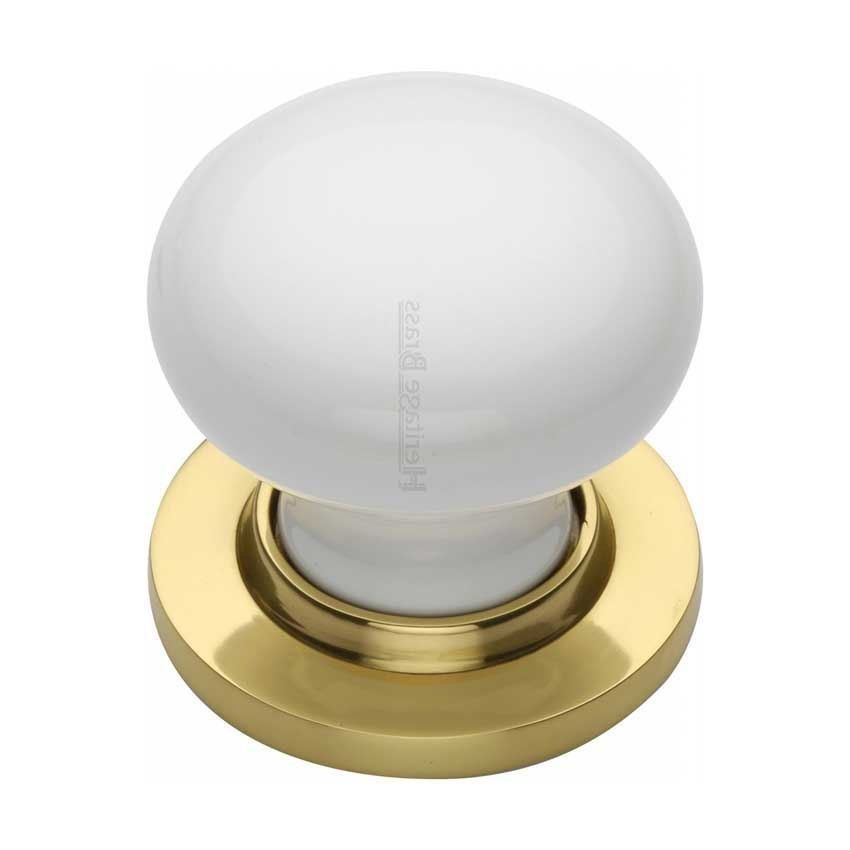 White Mortice Door Knob With Polished Brass Base
