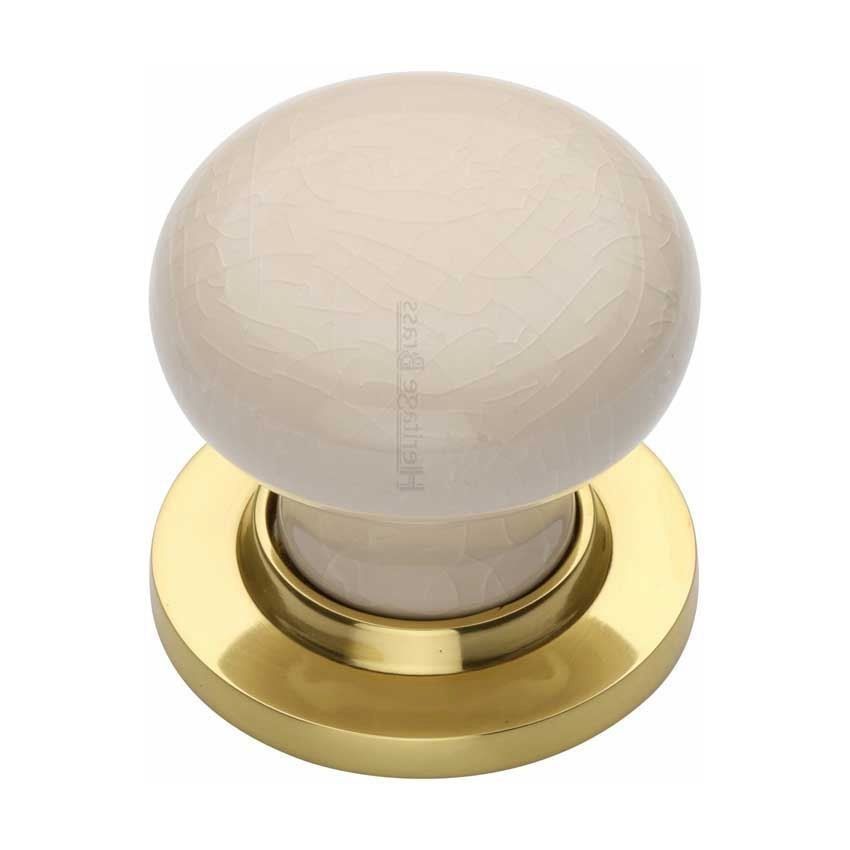 Picture of Cream Crackle Mortice Door Knob With Polished Brass Base - 8010-PB