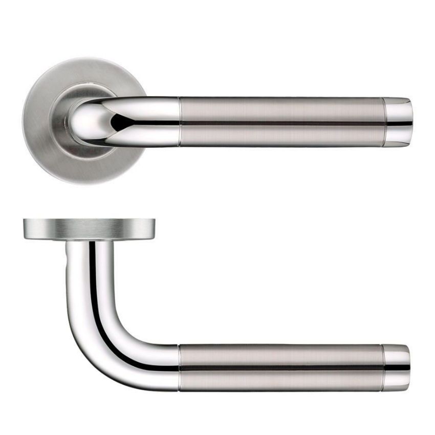 Curved duo stainless steel door handles on rose