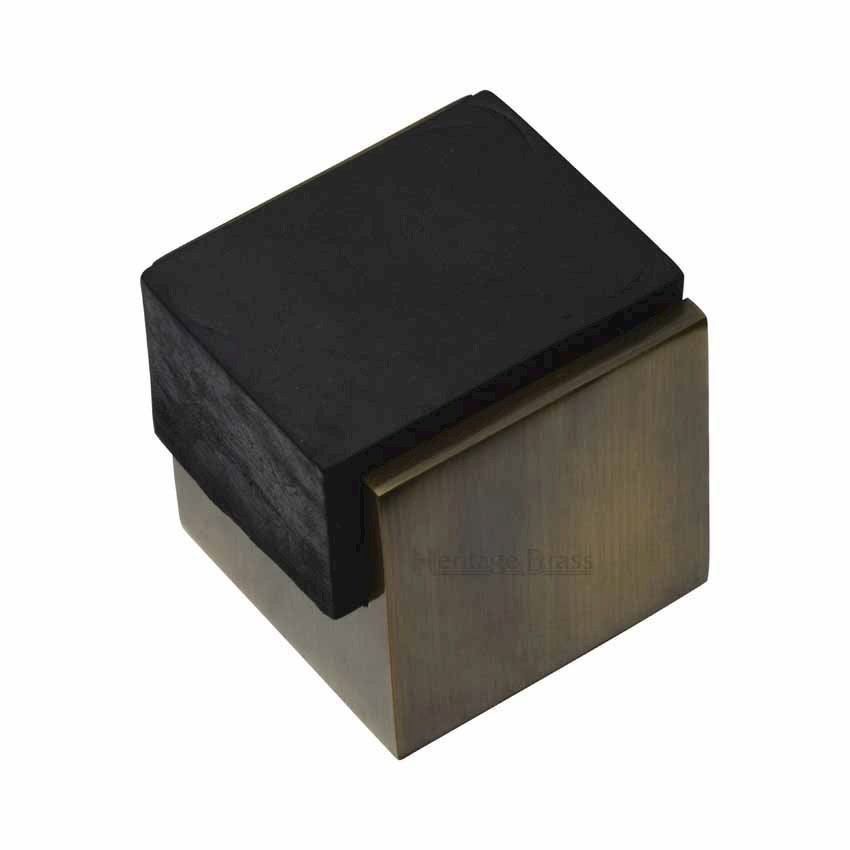 Square Cube Floor Mounted Door Stop in Antique Brass Finish - V1082-AT