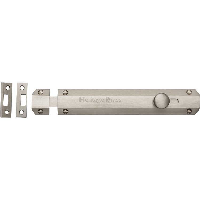 Door Bolt Flat 8" Satin Nickel finish - C1685-8-SN