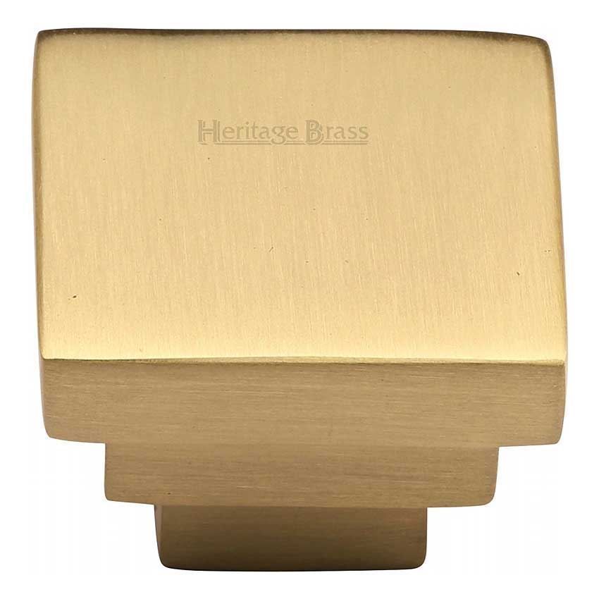 Square Stepped Design Cabinet Knob in Satin Brass Finish - C3672-SB