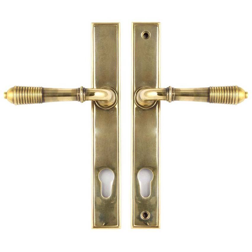 Reeded Slimline Sprung Lever Espag Lock Set- Aged Brass 