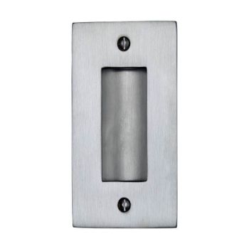 Flush door handle for sliding doors and pocket doors in satin chrome finish Flush door handle for sliding doors and pocket doors in satin chrome finish