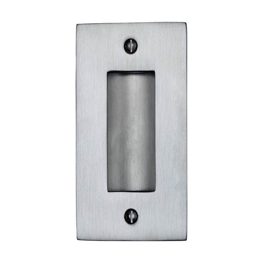 Flush door handle for sliding doors and pocket doors in satin chrome finish