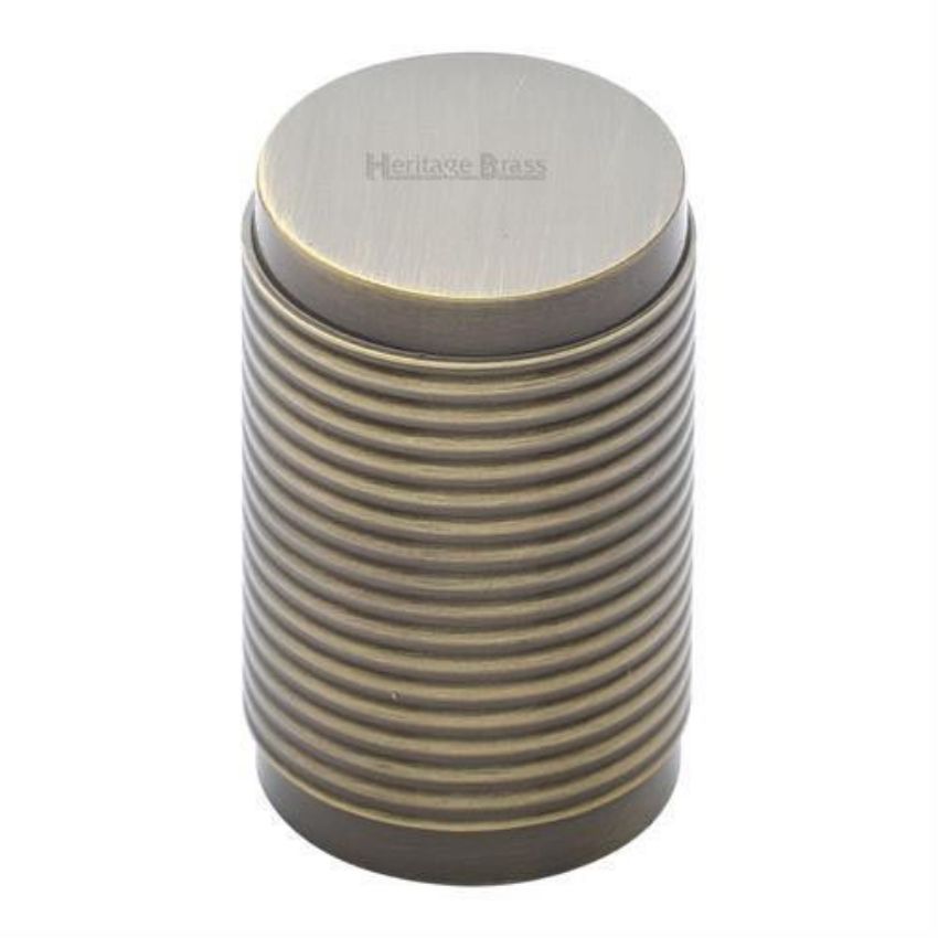 Cylindrical Ribbed Cabinet Knob in Antique Brass Finish - C3850-AT 
