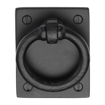 Matt Black Rustic Iron Cabinet Ring Drop Pull on a Plate - FB6367 Matt Black Rustic Iron Cabinet Ring Drop Pull on a Plate - FB6367