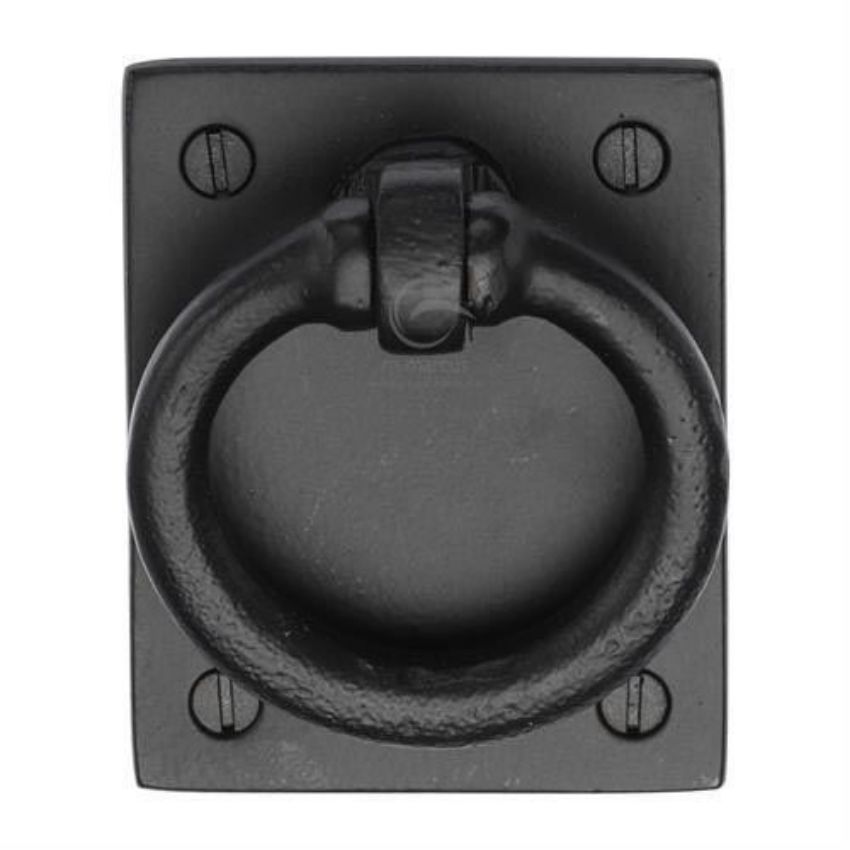 Matt Black Rustic Iron Cabinet Ring Drop Pull on a Plate - FB6367