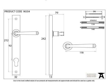 Period Avon EURO Slim-line Sprung Espag Handle in Aged Brass - 90354_TECH DWG