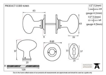 Oval Mortice/Rim Door Knob Set in Beeswax for External Use - 92065_TECH DWG