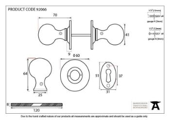 Round Mortice/Rim Door Knob Set in Beeswax for External Use - 92066_TECH DWG