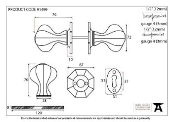 Large Octagonal Oval Mortice/Rim Door Knob Set in Beeswax for External Use - 91499_TECH DWG