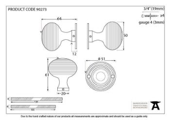 Heavy Beehive Mortice/Rim Door Knobs in Polished Chrome - 90273_TECH DWG