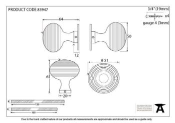 Heavy Beehive Mortice/Rim Door Knobs in Aged Bronze - 83947_TECH DWG