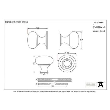 Wooden Bun Mortice/Rim Door Knob Set in Ebony and Polished Nickel - 83838_TECH DWG