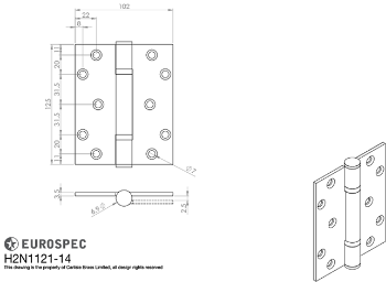 Technical drawing of 5" (125mm) Grade 14 Satin Stainless Steel Enduromax Door Hinges - H2N1121/14SSS