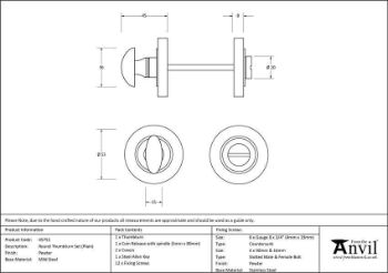 Pewter Round Thumbturn on a Plain Round Rose - From the Anvil - 45751