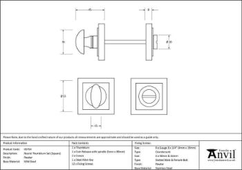 Pewter Round Thumbturn on a Square Rose - From the Anvil - 45754 