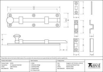 Satin Chrome 6" Universal Bolt - 45797