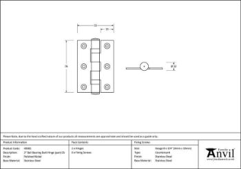 Polished Nickel 3" Ball Bearing Butt Hinge (pair) ss - 49581