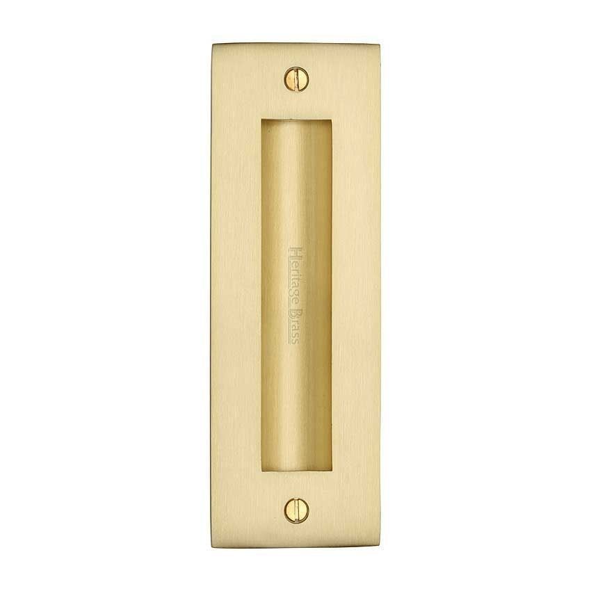 Flush door handle for sliding doors and pocket doors in satin brass finish