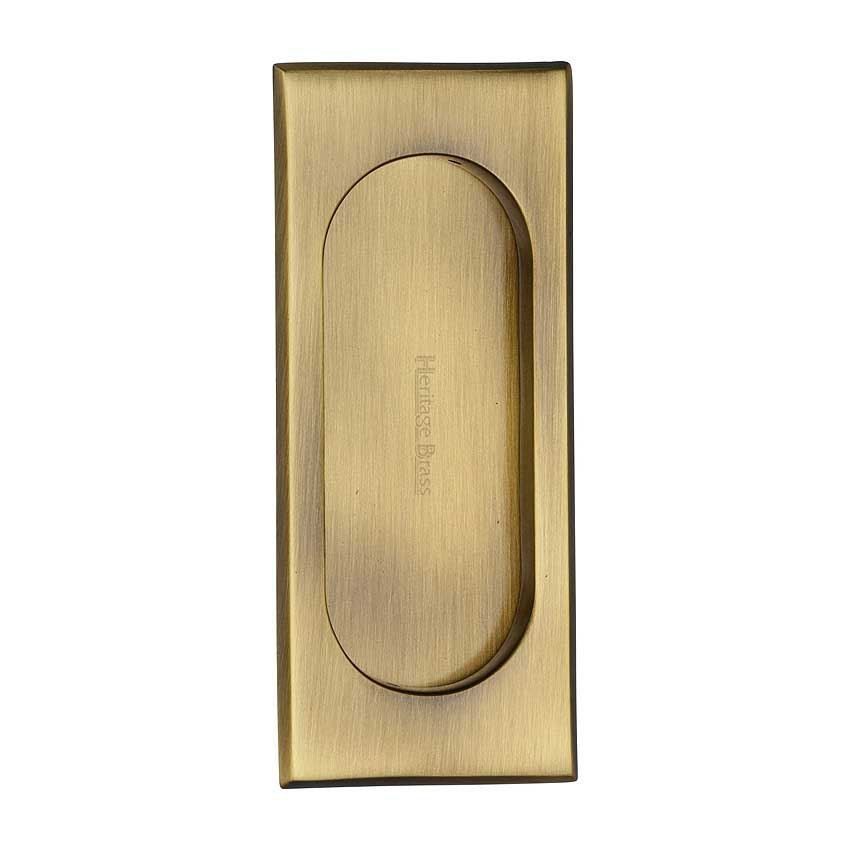 Flush door handle for sliding doors and pocket doors in antique brass finish
