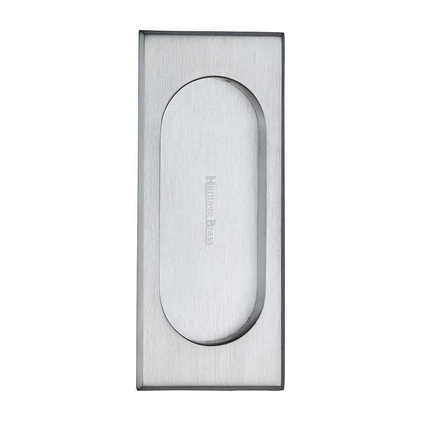 Flush door handle for sliding doors and pocket doors in satin chrome finish