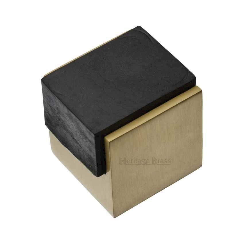 Square Cube Floor Mounted Door Stop in Satin Brass Finish - V1082-SB
