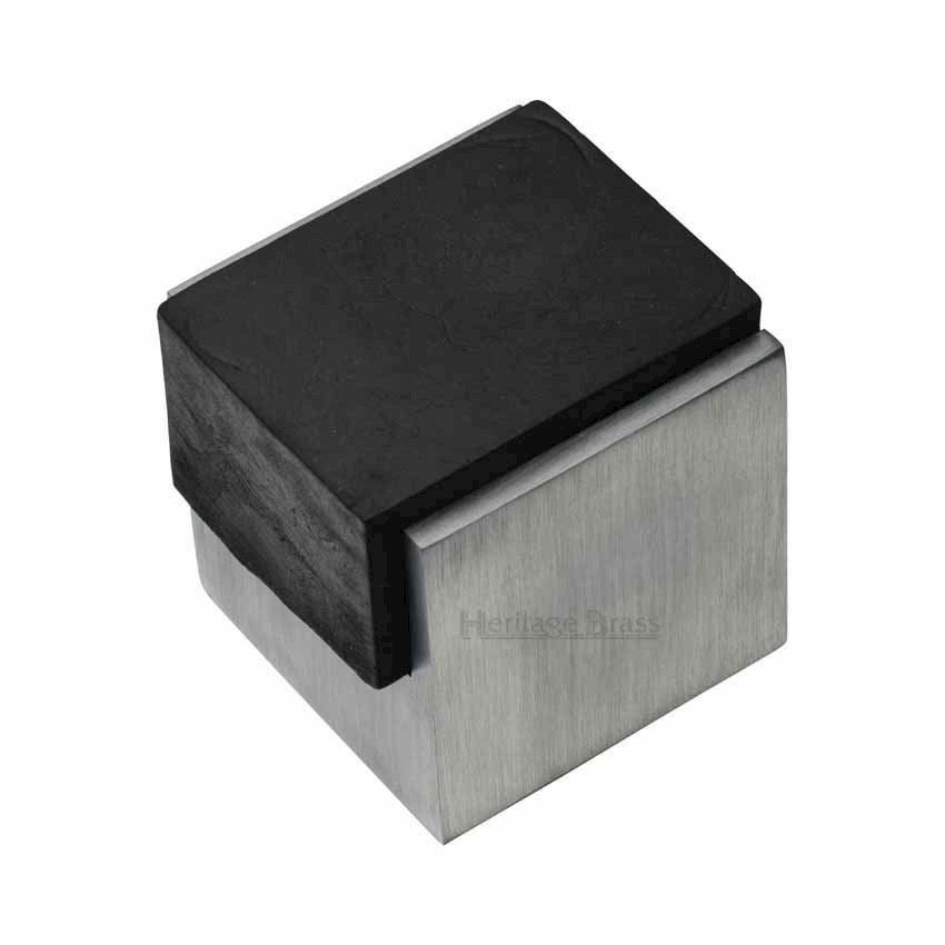 Square Cube Floor Mounted Door Stop in Satin Chrome Finish - V1082-SC