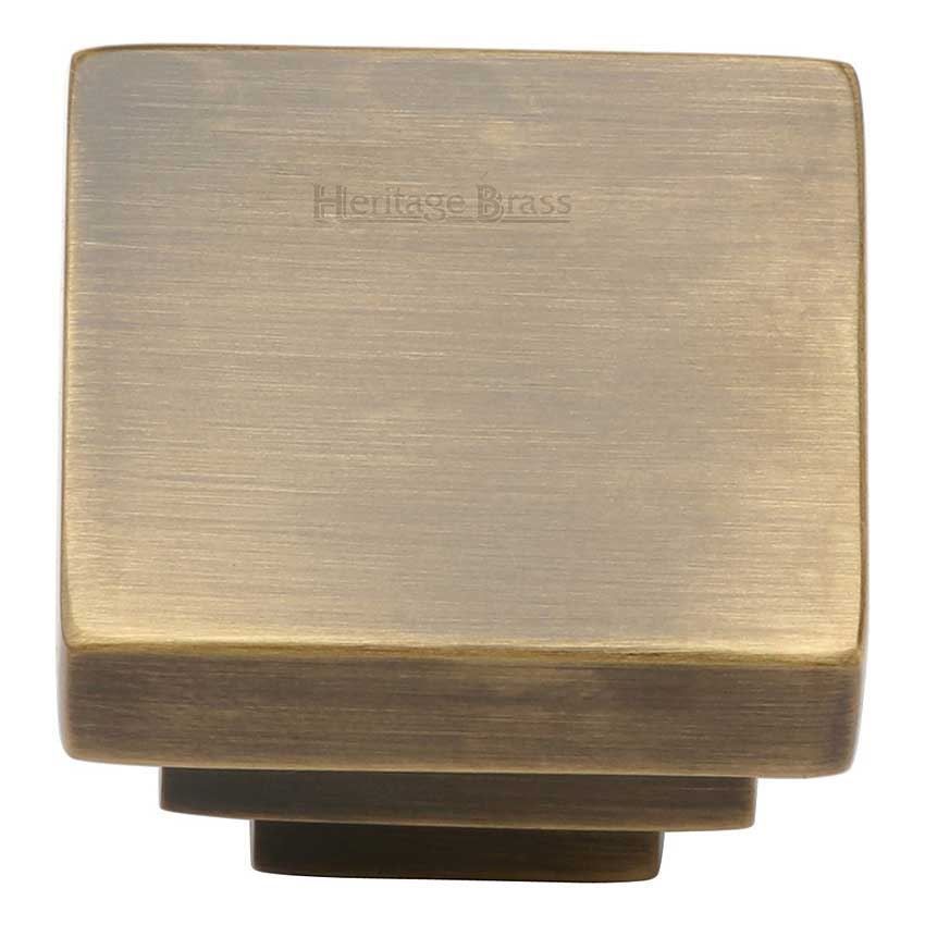 Square Stepped Cabinet Knob in Antique Brass Finish - C3672-AT