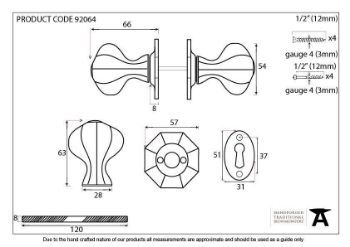 Octagonal Oval Mortice/Rim Door Knob Set in Beeswax for External Use - 92064_TECH DWG