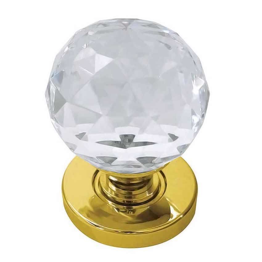 Faceted Glass Mortice Knob- Polished Brass -JH255PB	