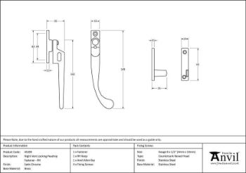 Satin Chrome Night-Vent Locking Peardrop Fastener - RH - 45399