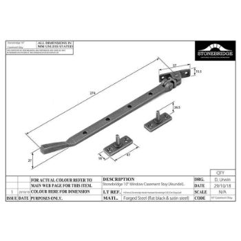 ARUNDEL CASEMENT STAY 10"/250MM ARMOR COAT FLAT BLACK DRAWING - SB-FB1136