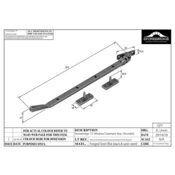 ARUNDEL CASEMENT STAY 12"/300MM ARMOR COAT FLAT BLACK DRAWING - SB-FB1137