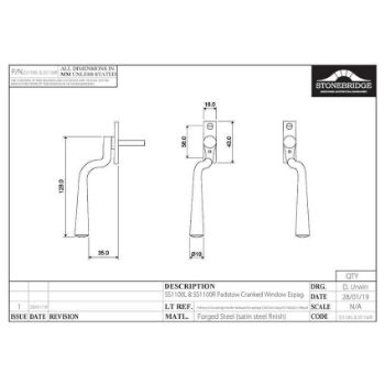 Padstow Satin Steel Cranked Espagnolette Handle drawing - Left Handed - SS1100L