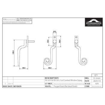 CURL CRANKED ESPAGNOLETTE WINDOW HANDLE LOCKING L/H ARMOR COAT FLAT BLACK - SB-FB1301L