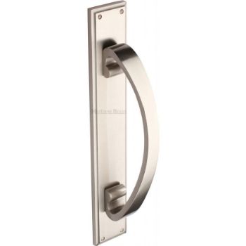 Heritage Brass Door Pull Handle on a Backplate in Satin Nickel - V1162-SN  Heritage Brass Door Pull Handle on a Backplate in Satin Nickel - V1162-SN