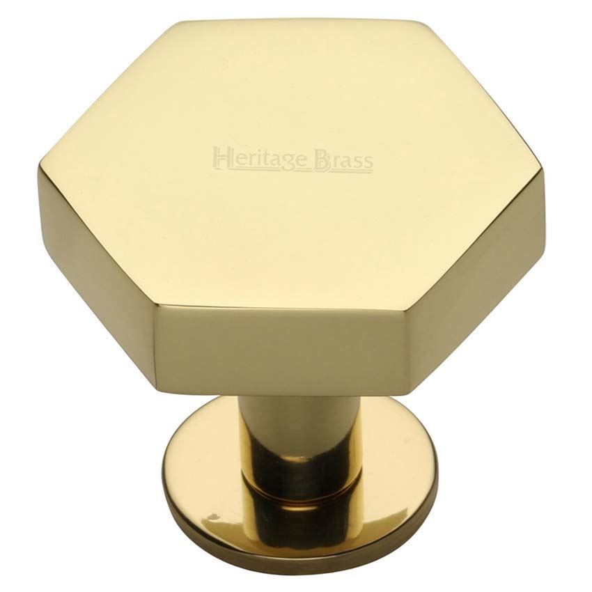Hexagon Cabinet Knob on a Rose in Polished Brass Finish - C4345-PB 