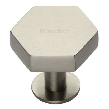 Hexagon Cabinet Knob on a Rose in Satin Nickel Finish - C4345-SN Hexagon Cabinet Knob on a Rose in Satin Nickel Finish - C4345-SN