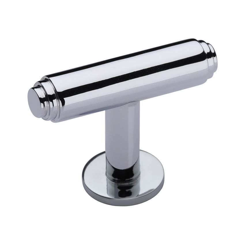 Stepped T-Bar Cabinet Knob on a Rose in Polished Chrome - C4447-PC 